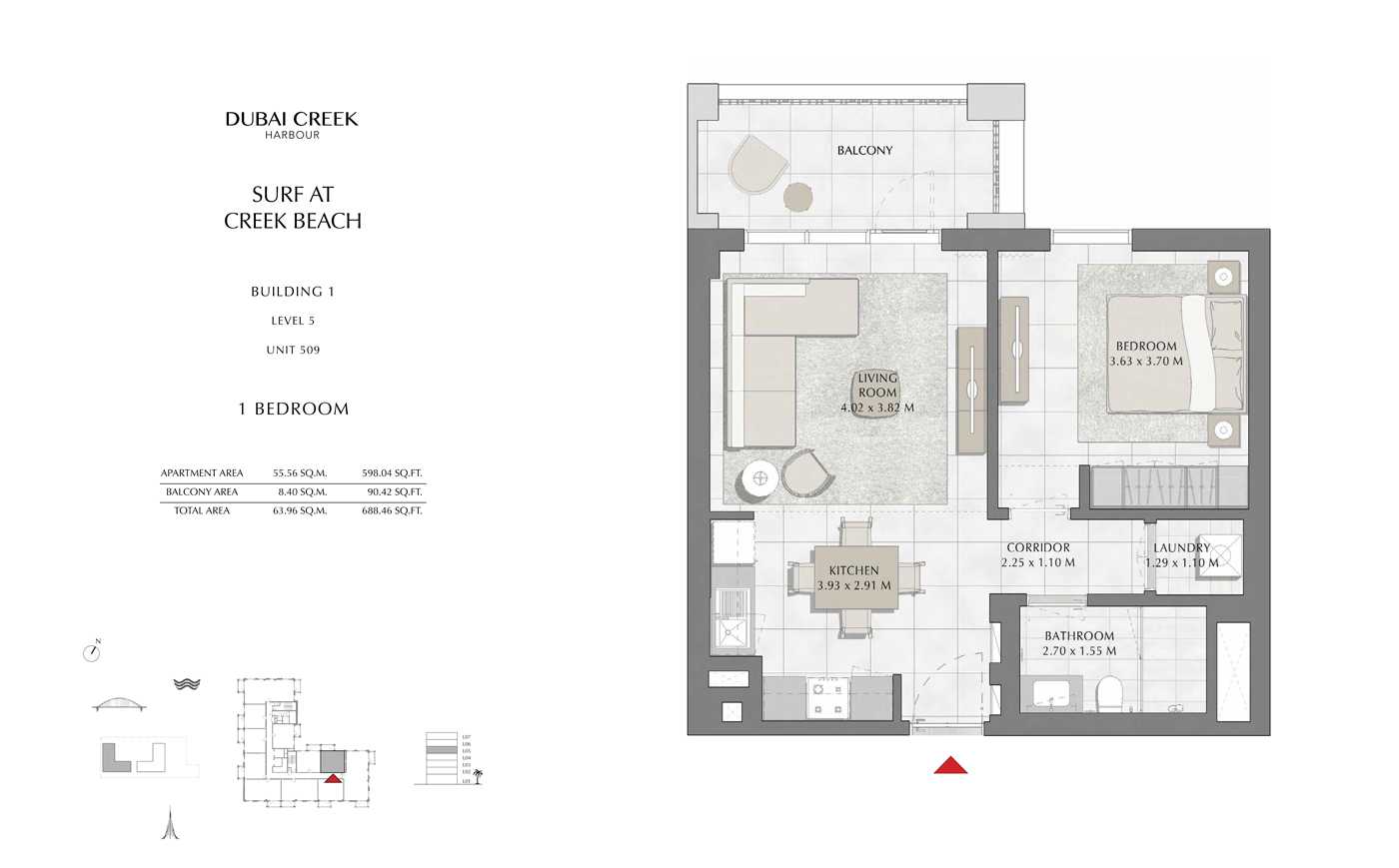 Building 1, 1 Bedroom, Level 5, Size 688 Sq Ft